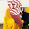 2-Pieces female | Comfortable Stripe Slim Long Sleeve T-Shirt Solid Color Leggings Set