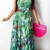 Dresses female | Sexy Bandeau Pleated Leaf Print Belted Maxi Dress