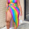 Swimwear female | Sexy Plus Size Rainbow Print Hollow Two Piece Tankinis Rose Red