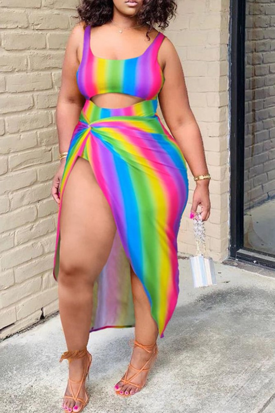 Swimwear female | Sexy Plus Size Rainbow Print Hollow Two Piece Tankinis Rose Red