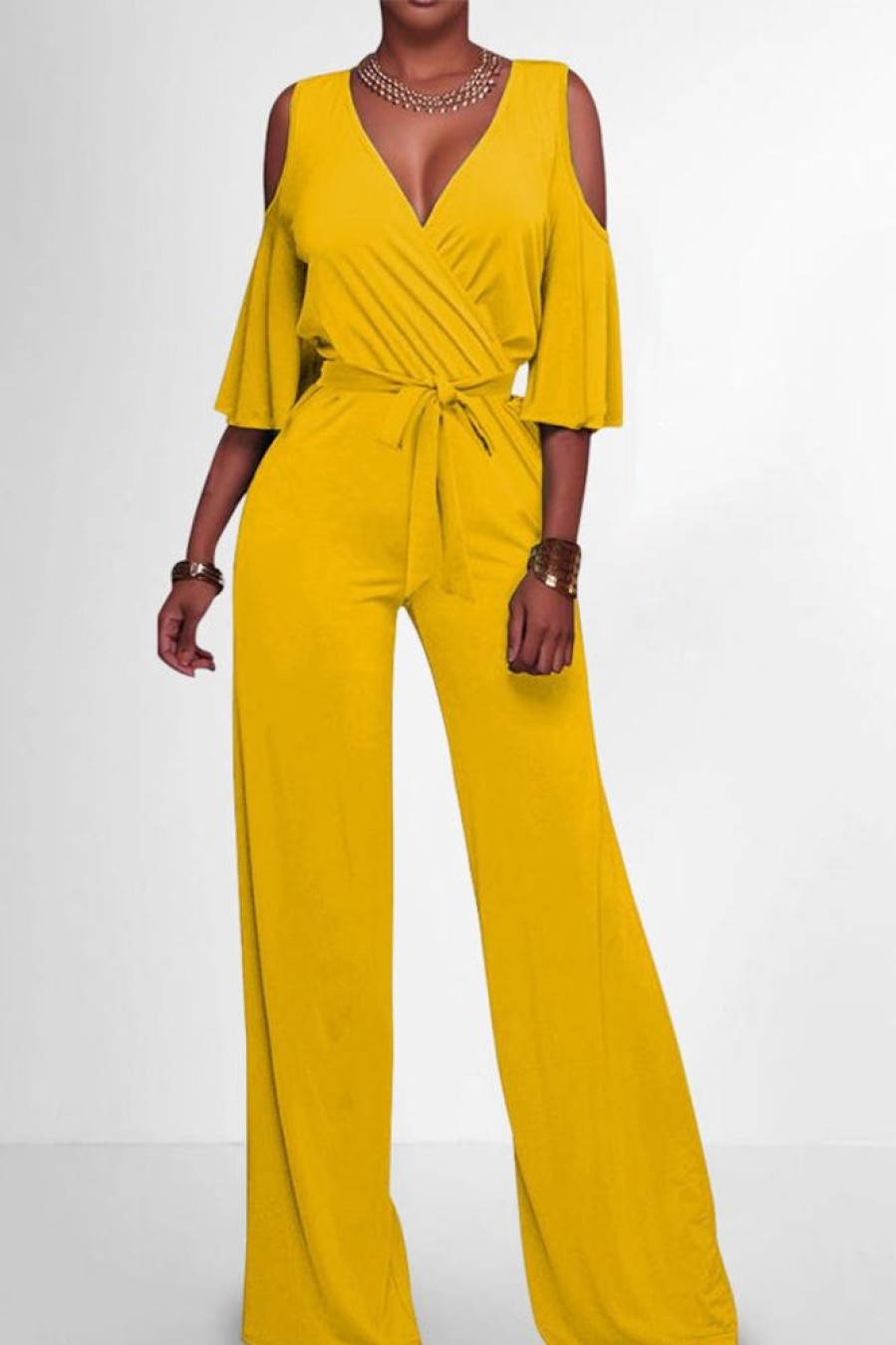 Jumpsuits & Rompers female | Slim Fit Stitching Solid Color V Neck Pocket Jumpsuit