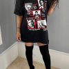 Dresses female | Casual Loose Portrait Print Short Sleeve Mini Dress Black