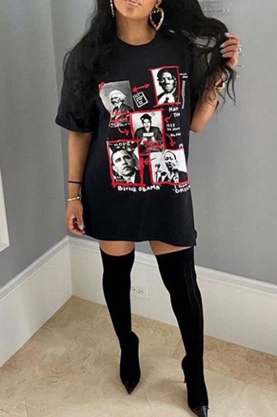 Dresses female | Casual Loose Portrait Print Short Sleeve Mini Dress Black