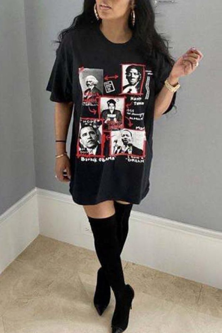 Dresses female | Casual Loose Portrait Print Short Sleeve Mini Dress Black