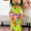 2-Pieces female | Sexy Vacation Print Tank Camisol Dress Suits Green