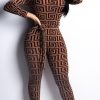 Jumpsuits & Rompers female | Fashion Elegant Geometric Print Jumpsuit Brown