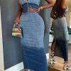 2-Pieces female | Sexy Denim Raw Edge Asymmetric Strappy Vest Gradient Color Long Skirt Suits Blue