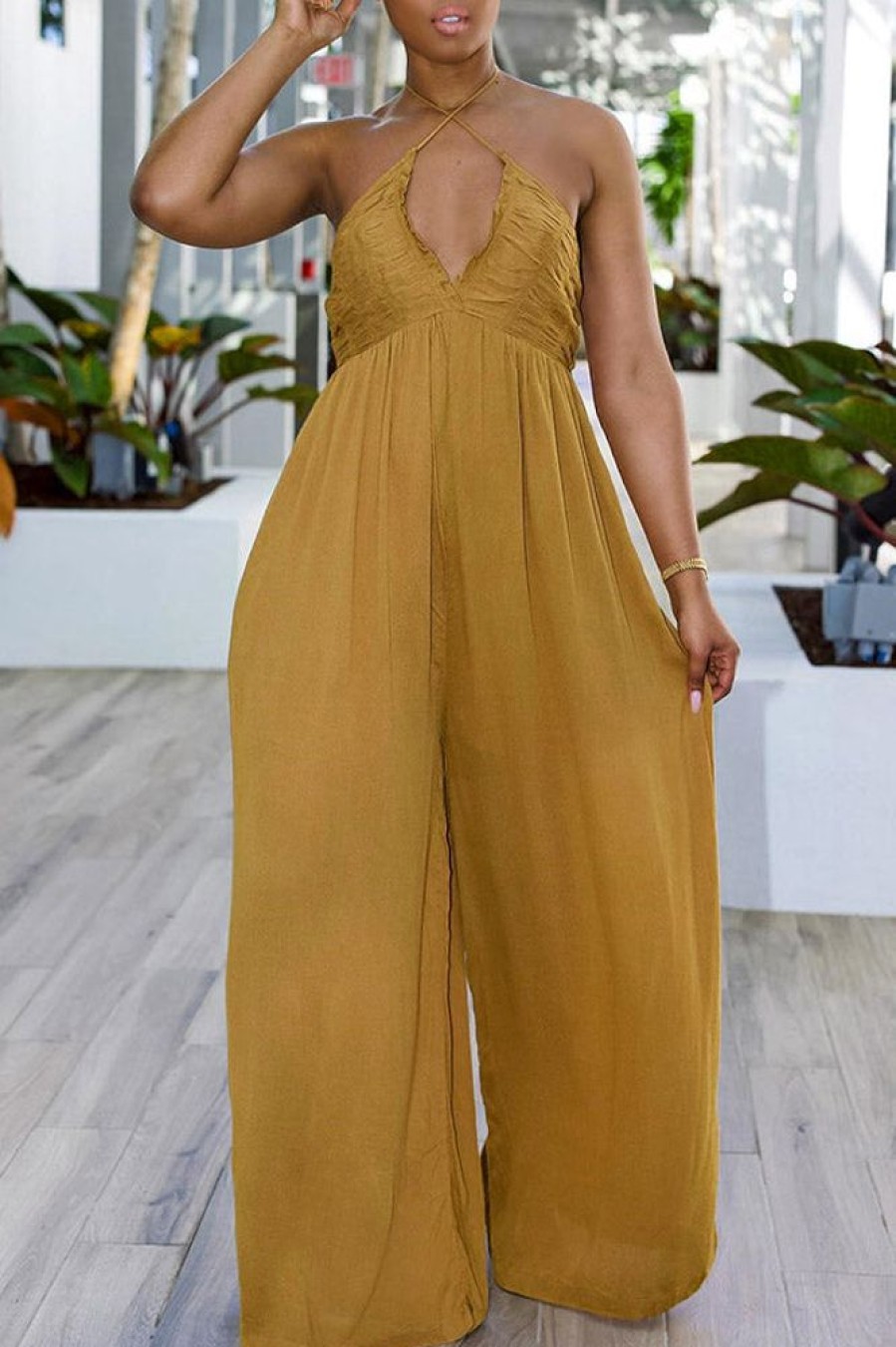 Jumpsuits & Rompers female | Sexy Halter Neckline Ruched Pocket Jumpsuit