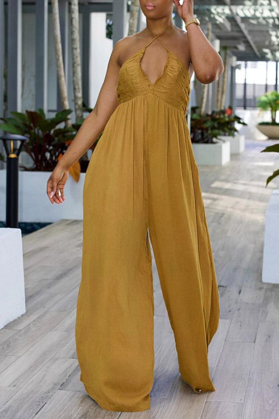 Jumpsuits & Rompers female | Sexy Halter Neckline Ruched Pocket Jumpsuit