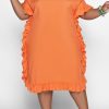 Dresses female | Casual Solid Color Short Sleeve Ruffle Plus Size Midi Dress