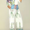 2-Pieces female | Fashion Flower Print Long Sleeve Blouse Straight-Let Pant Suits White