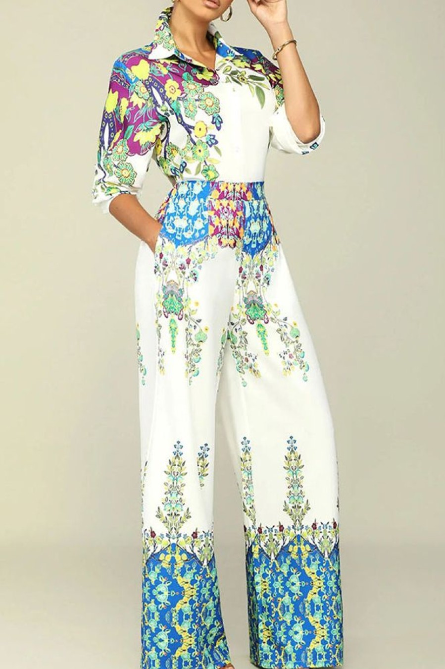 2-Pieces female | Fashion Flower Print Long Sleeve Blouse Straight-Let Pant Suits White