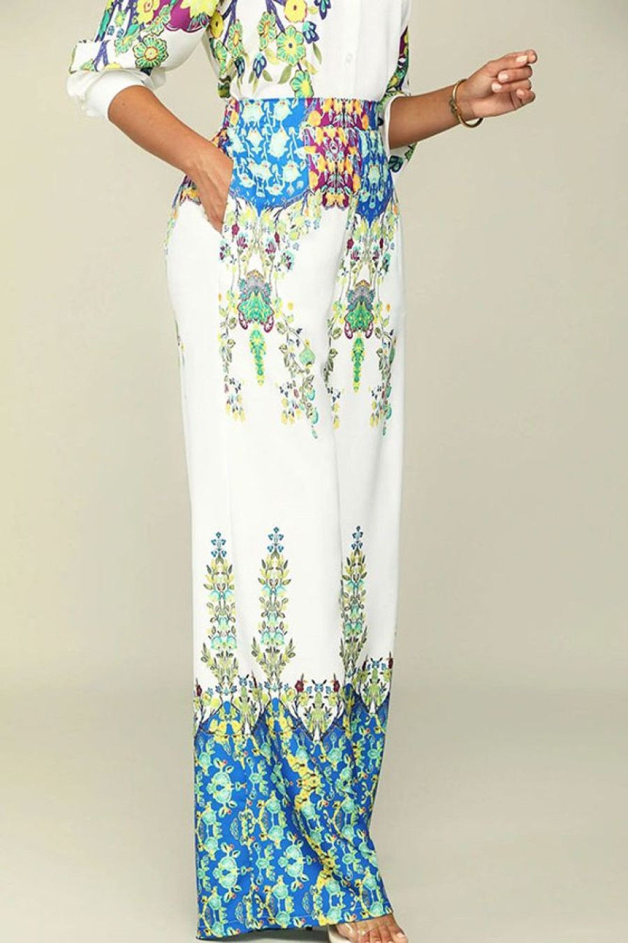 2-Pieces female | Fashion Flower Print Long Sleeve Blouse Straight-Let Pant Suits White