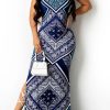 Dresses female | Geometric Ethnic Print Halter Neck Backless Slit Sexy Elegant Maxi Dress