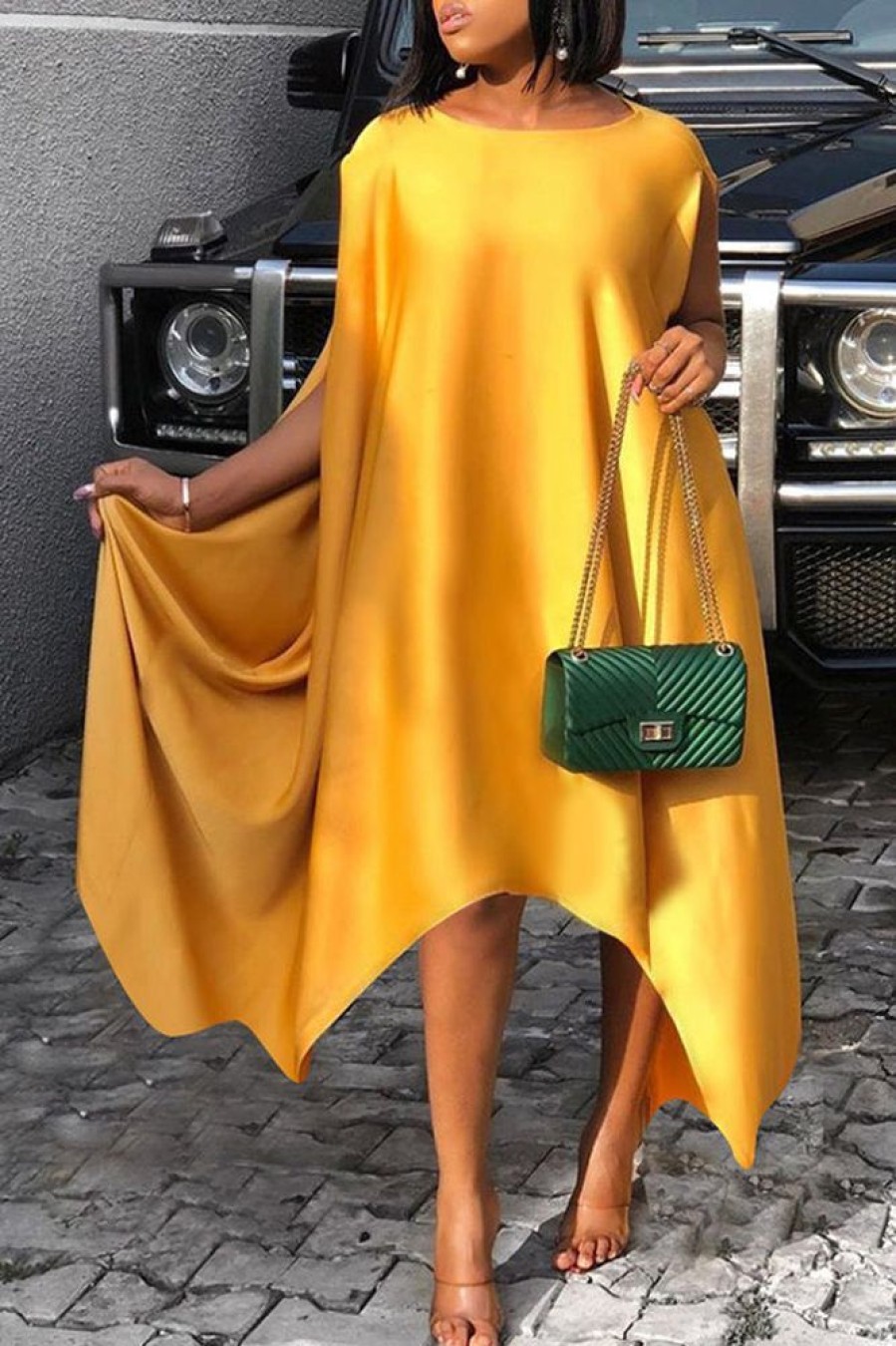 Dresses female | Plus Size Temperament Commuter Irregular Hem Midi Dress Yellow