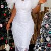 Dresses female | Elegant Ruffle Sleeve V-Neck Lace Plus Size Midi Dress White