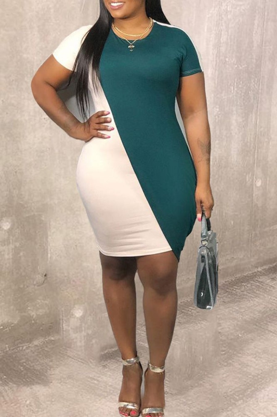 Dresses female | Plus Size Contract Colorblock Short Sleeve Dress Green