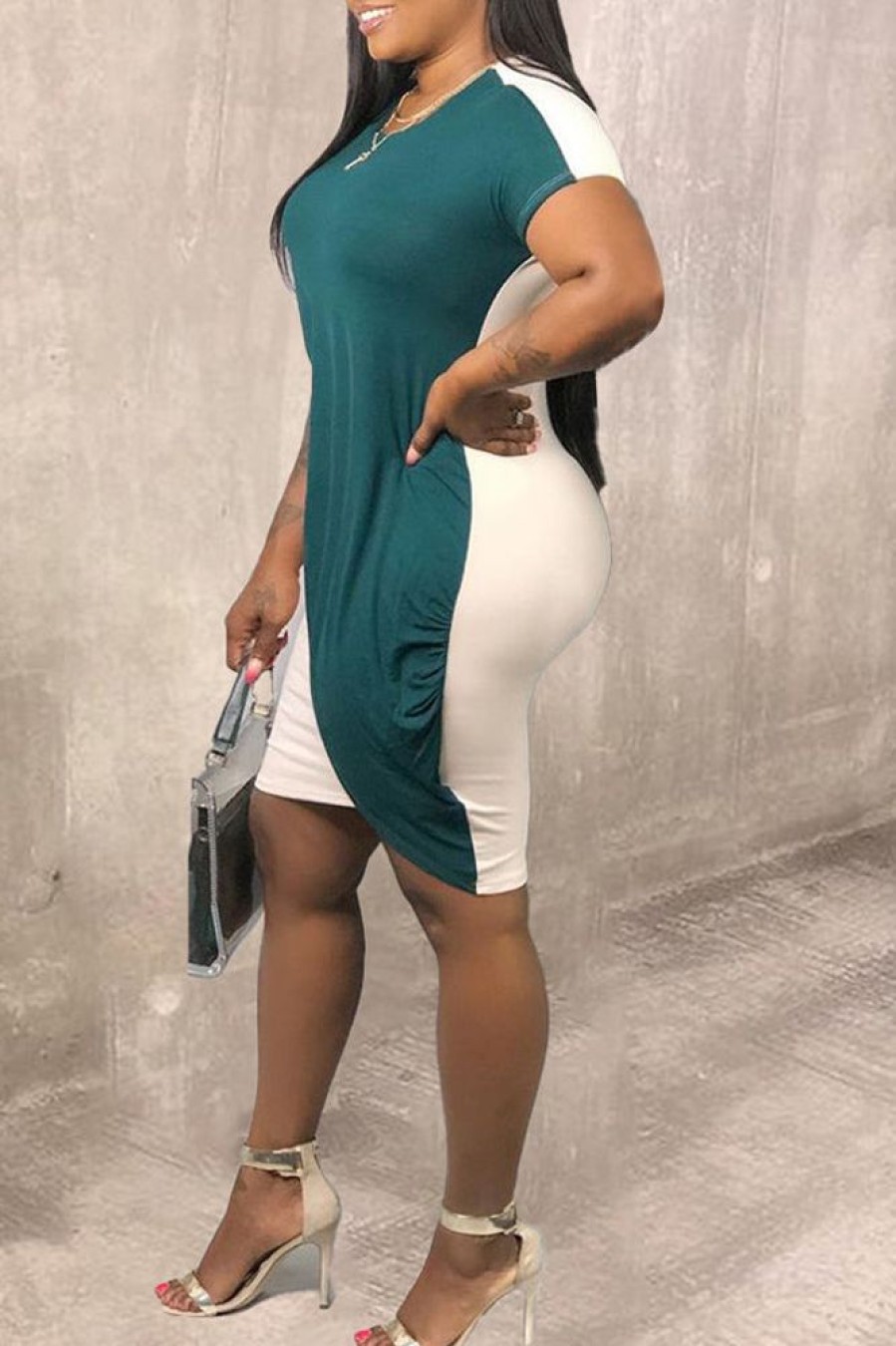 Dresses female | Plus Size Contract Colorblock Short Sleeve Dress Green