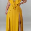 Dresses female | Sexy Solid Color Ruffle Lace-Up Neck High Slit Plus Size Maxi Dress