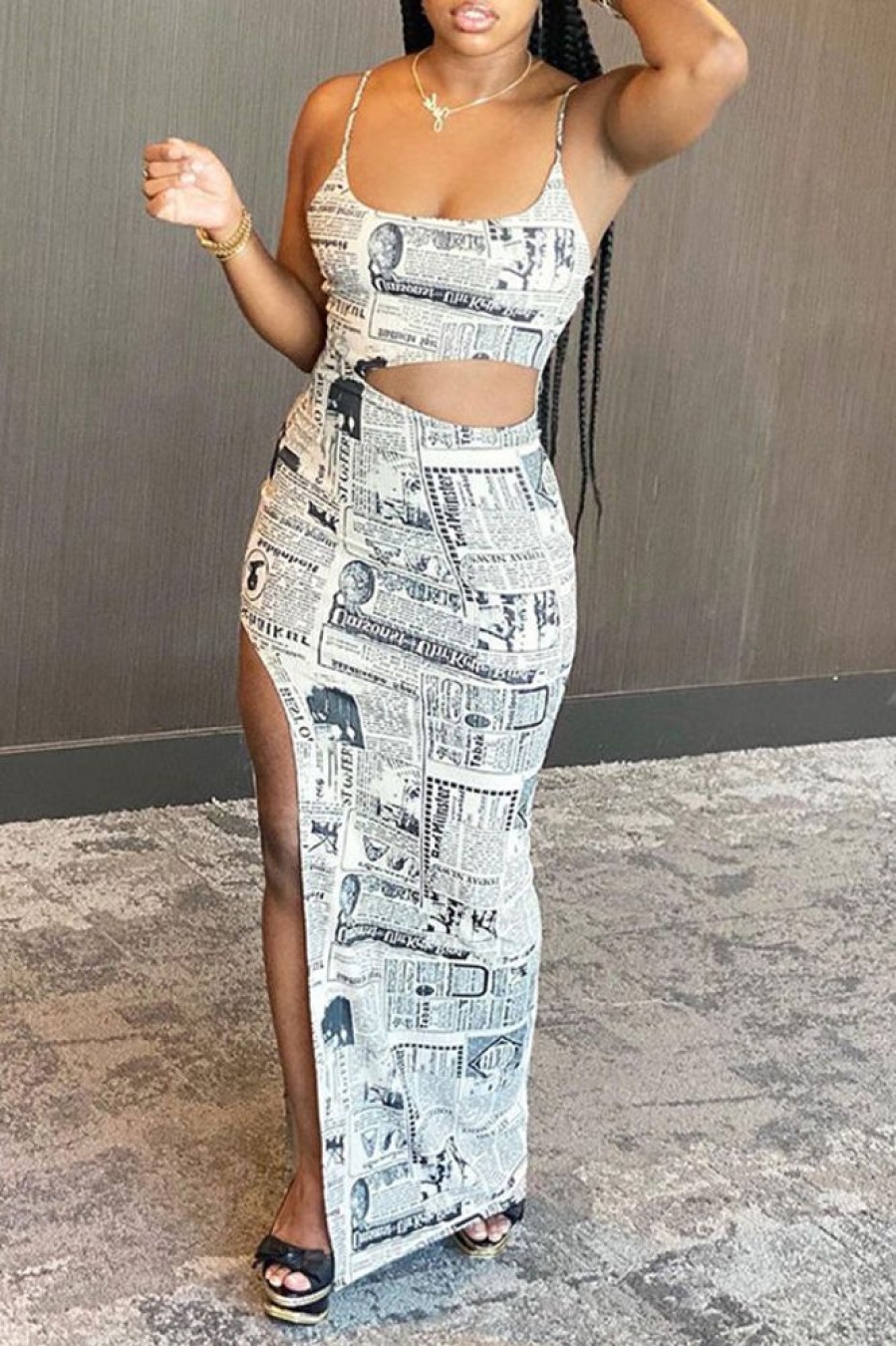 Dresses female | Newspaper Print Cutout Halter Neck Maxi Dress White