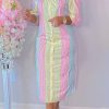 Dresses female | Fashion Casual Striped Print Off Shoulder Midi Dress