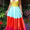 Dresses female | Fashion Splicing Contrast Color Swing Skirt V Neck Sling Waist Evening Dress