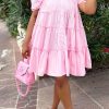 Dresses female | Fashion Short Sleeve Pleated Single Breasted Loose Midi Dress Pink