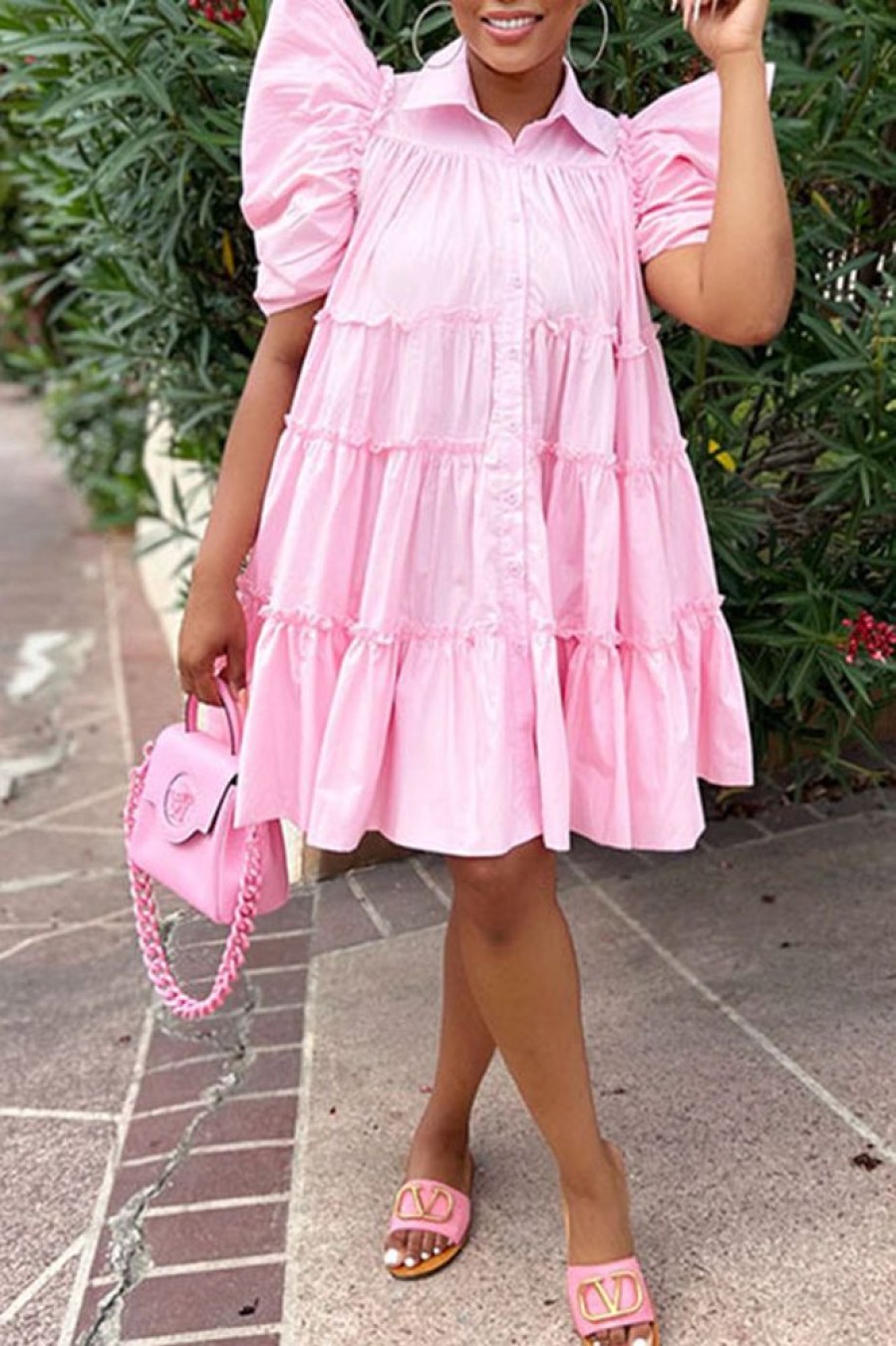 Dresses female | Fashion Short Sleeve Pleated Single Breasted Loose Midi Dress Pink