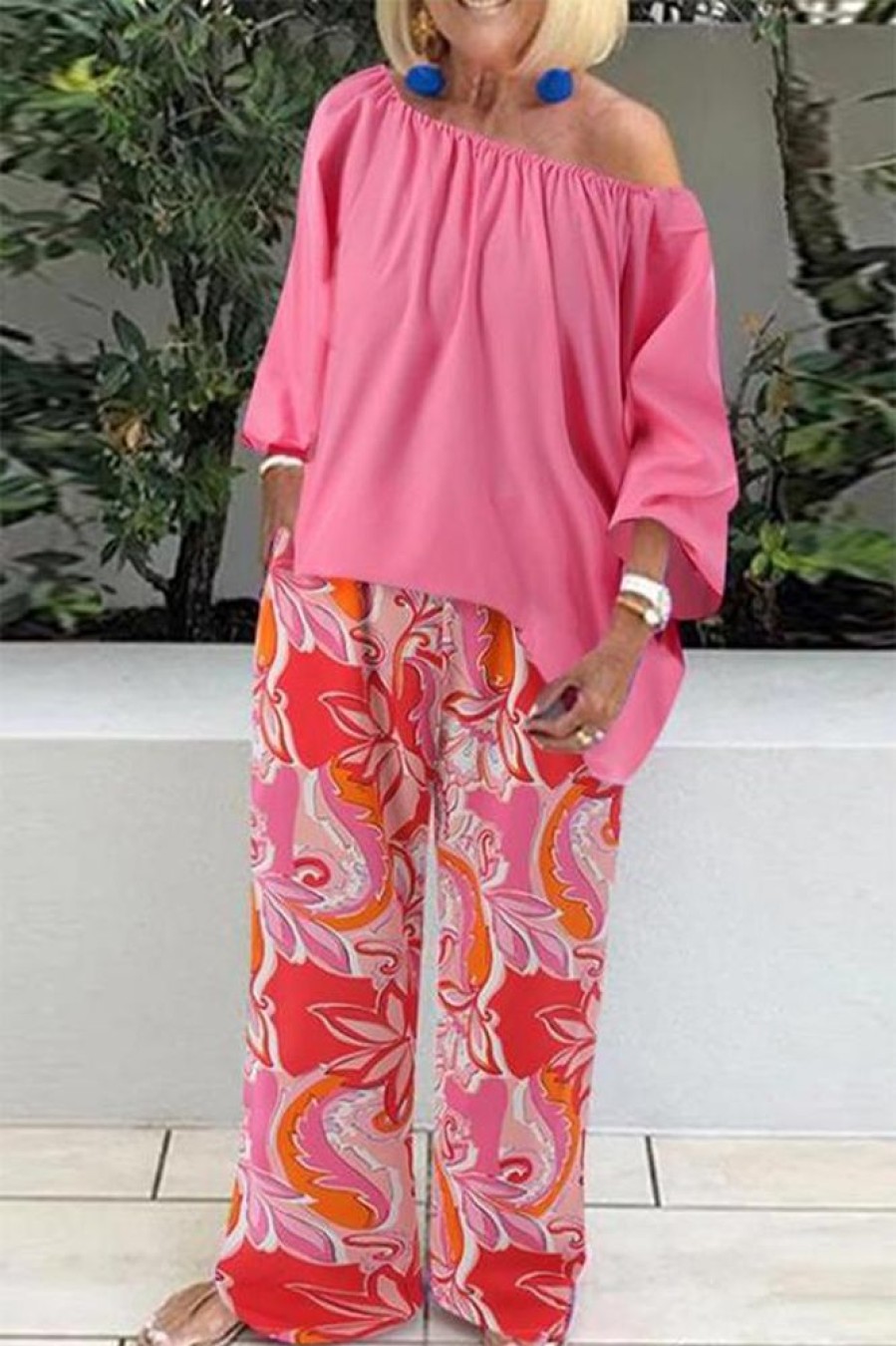 2-Pieces female | Casual Oblique Collar Top & Printed Pants Plus Size Set