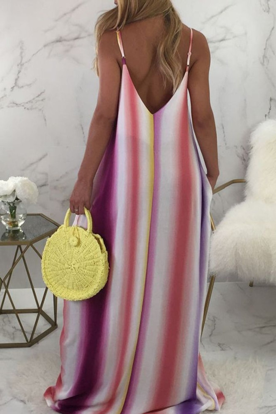 Dresses female | Casual Gradient Stripe V-Neck Sling Maxi Dress