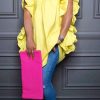 Tops & Outerwear female | Fashion Solid Color Round Neck Pleated Sleeve Mid Length Blouse Yellow