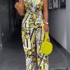 Jumpsuits & Rompers female | Temperament Printed Sleeveless Belt Wide Leg Jumpsuit Yellow