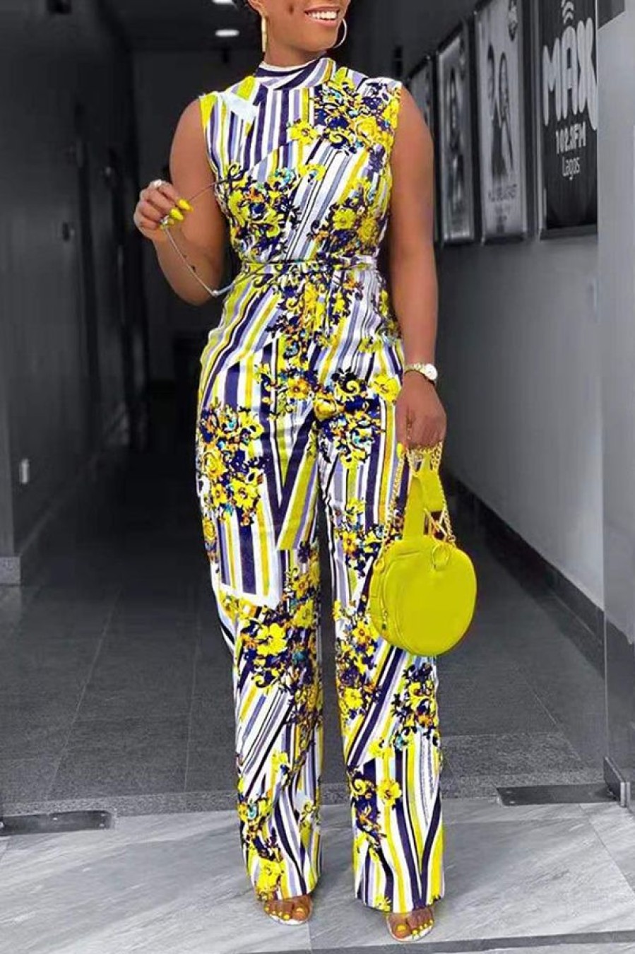 Jumpsuits & Rompers female | Temperament Printed Sleeveless Belt Wide Leg Jumpsuit Yellow