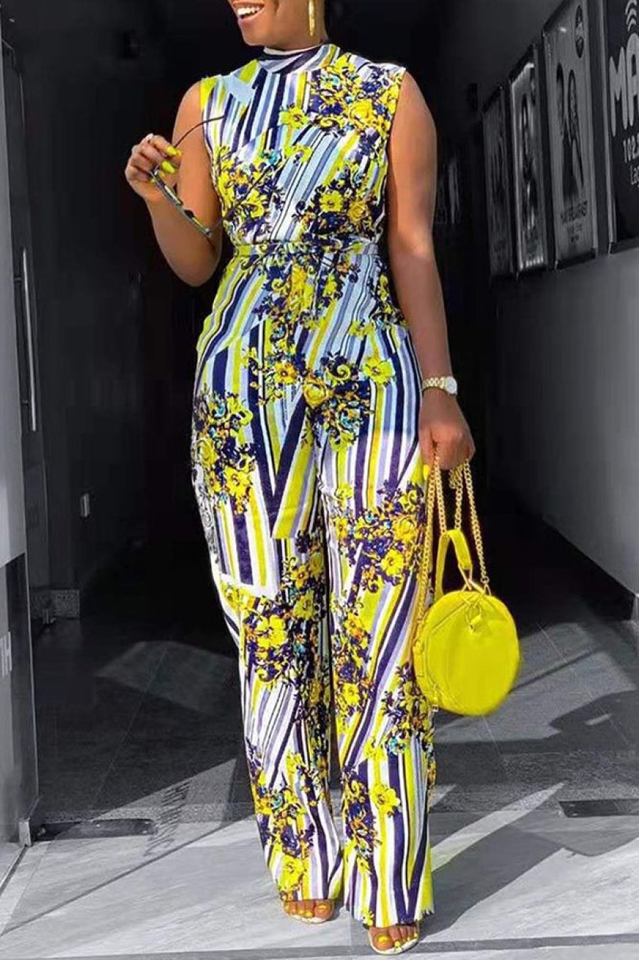 Jumpsuits & Rompers female | Temperament Printed Sleeveless Belt Wide Leg Jumpsuit Yellow