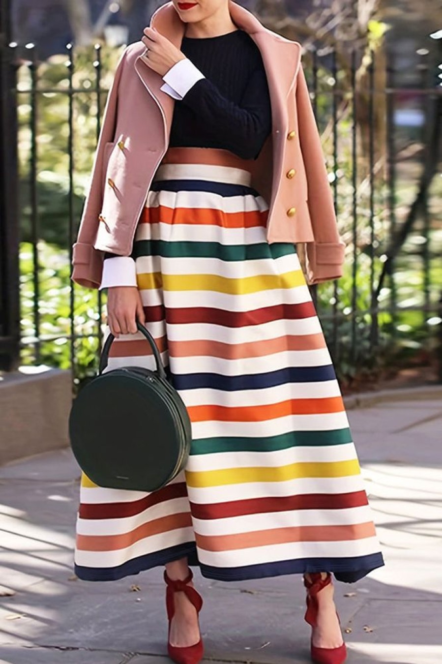 Bottoms female | Casual High Waist Rainbow Striped Long Skirt Multicolor