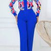 2-Pieces female | Commuter V-Neck Long Sleeve Print Blouse Solid Color High Waist Pant Suits Royal Blue