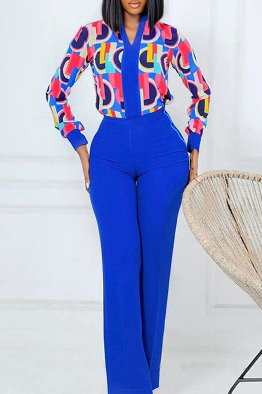 2-Pieces female | Commuter V-Neck Long Sleeve Print Blouse Solid Color High Waist Pant Suits Royal Blue