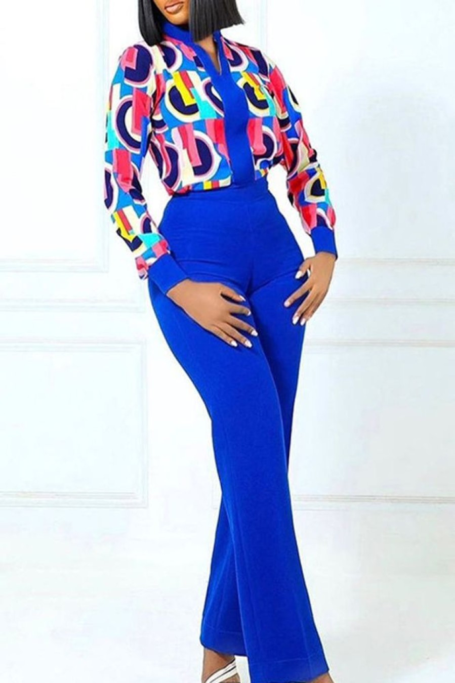 2-Pieces female | Commuter V-Neck Long Sleeve Print Blouse Solid Color High Waist Pant Suits Royal Blue