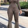 Jumpsuits & Rompers female | Glitter Striped Round Neck Long Sleeve Flare Plus Size Jumpsuit