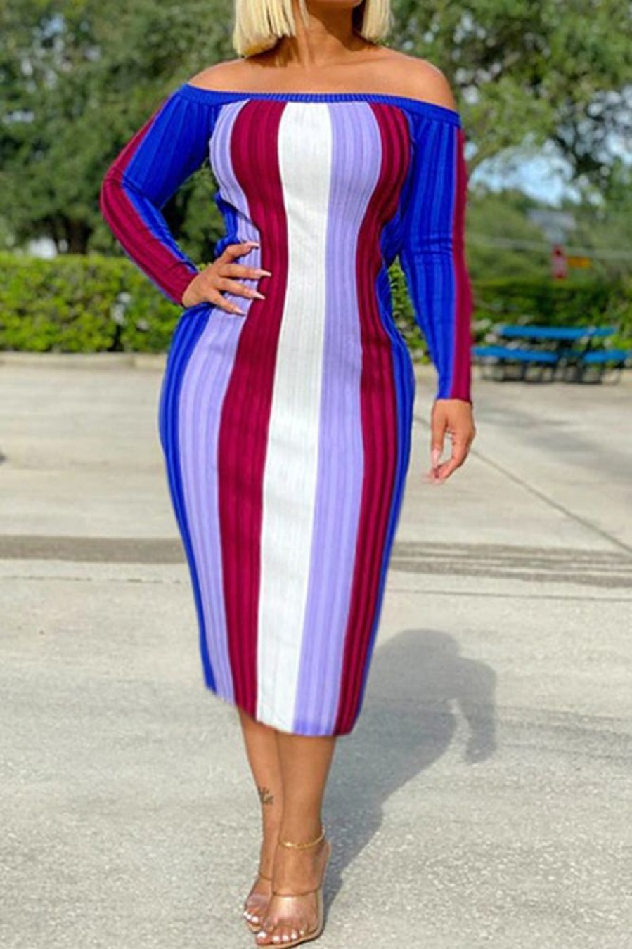 Dresses female | New Colorblock Striped Knit Hip Pack Long Sleeve Dress Multicolor