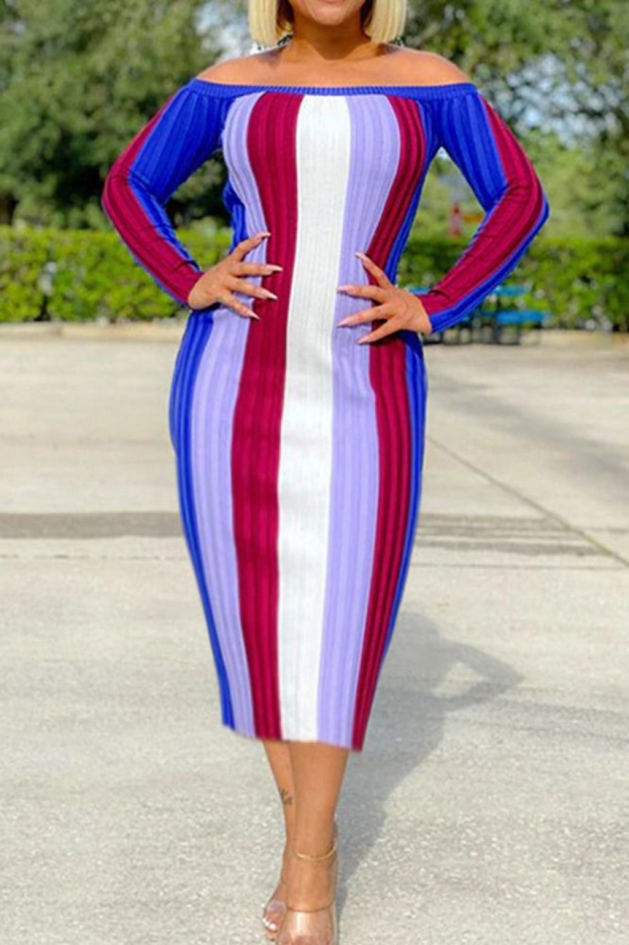 Dresses female | New Colorblock Striped Knit Hip Pack Long Sleeve Dress Multicolor