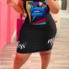 Dresses female | Plus Size Lip Print Short Sleeve Midi Dress Black