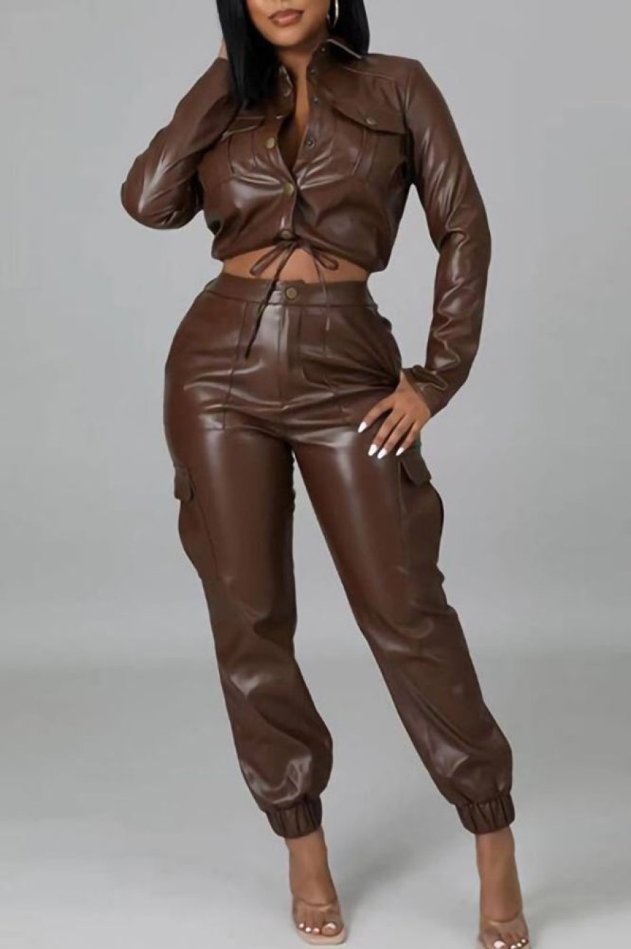 2-Pieces female | Temperament Fashion Slim Pocket Cargo Leather Two-Piece Suit