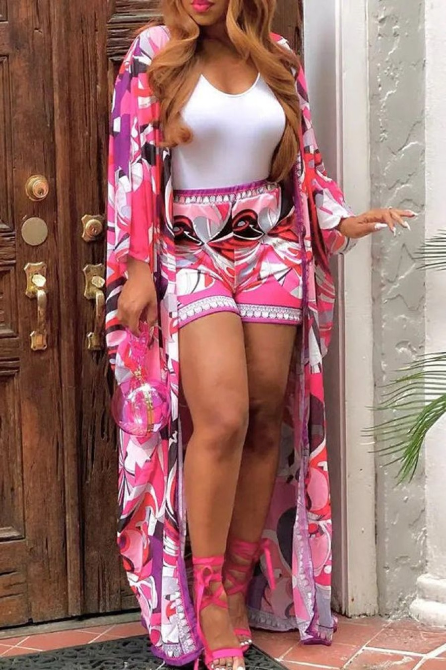 2-Pieces female | Fashion Color Block Print Batwing Sleeve Long Cardigan High Waist Shorts Set