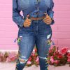 Bottoms female | Fashion Plus Size Lace Up Casual Ripped Jeans Navy Blue