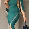 Dresses female | Elegant Round Neck Solid Color Split Fringe Midi Dresses