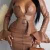 Dresses female | Slim Sexy Hollow Zipper Fashion Leather Dress With Belt Khaki