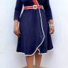 Dresses female | Commuter V-Neck 3/4 Lenght Sleeve Belt Colorblock Midi Dress