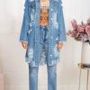 Tops & Outerwear female | Fashion Ripped Fringed Long Sleeve Denim Cardigan Trench Coat Wathet Blue