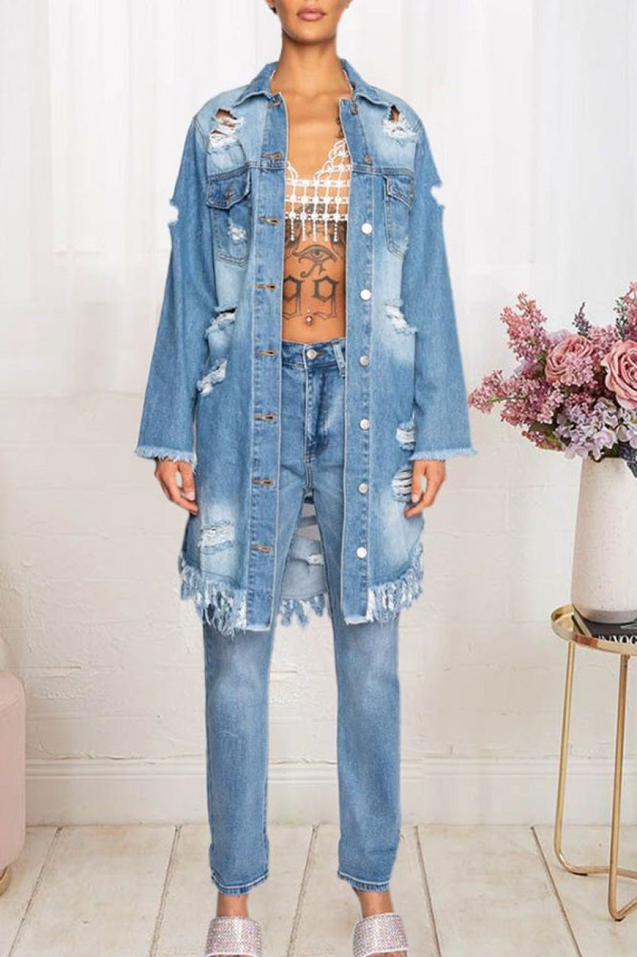 Tops & Outerwear female | Fashion Ripped Fringed Long Sleeve Denim Cardigan Trench Coat Wathet Blue